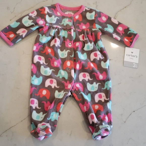 Carter's Fleece Elephant Footie 3M Baby Girl Pink Aqua Teal Gra… - Picture 1 of 4